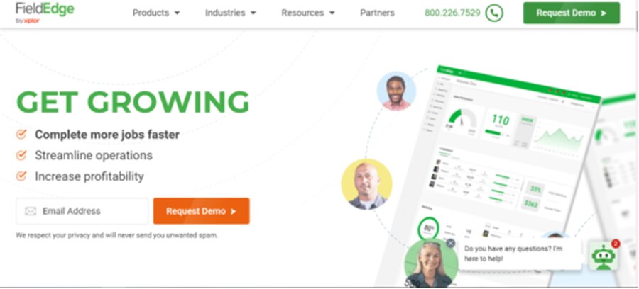 A screenshot of FieldEdge's homepage from where you can request a demo and talk to a chatbot