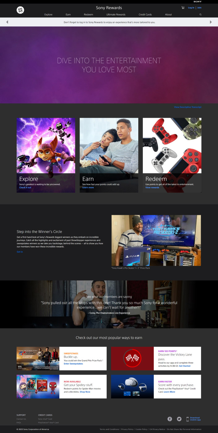 Sony Rewards full web design image