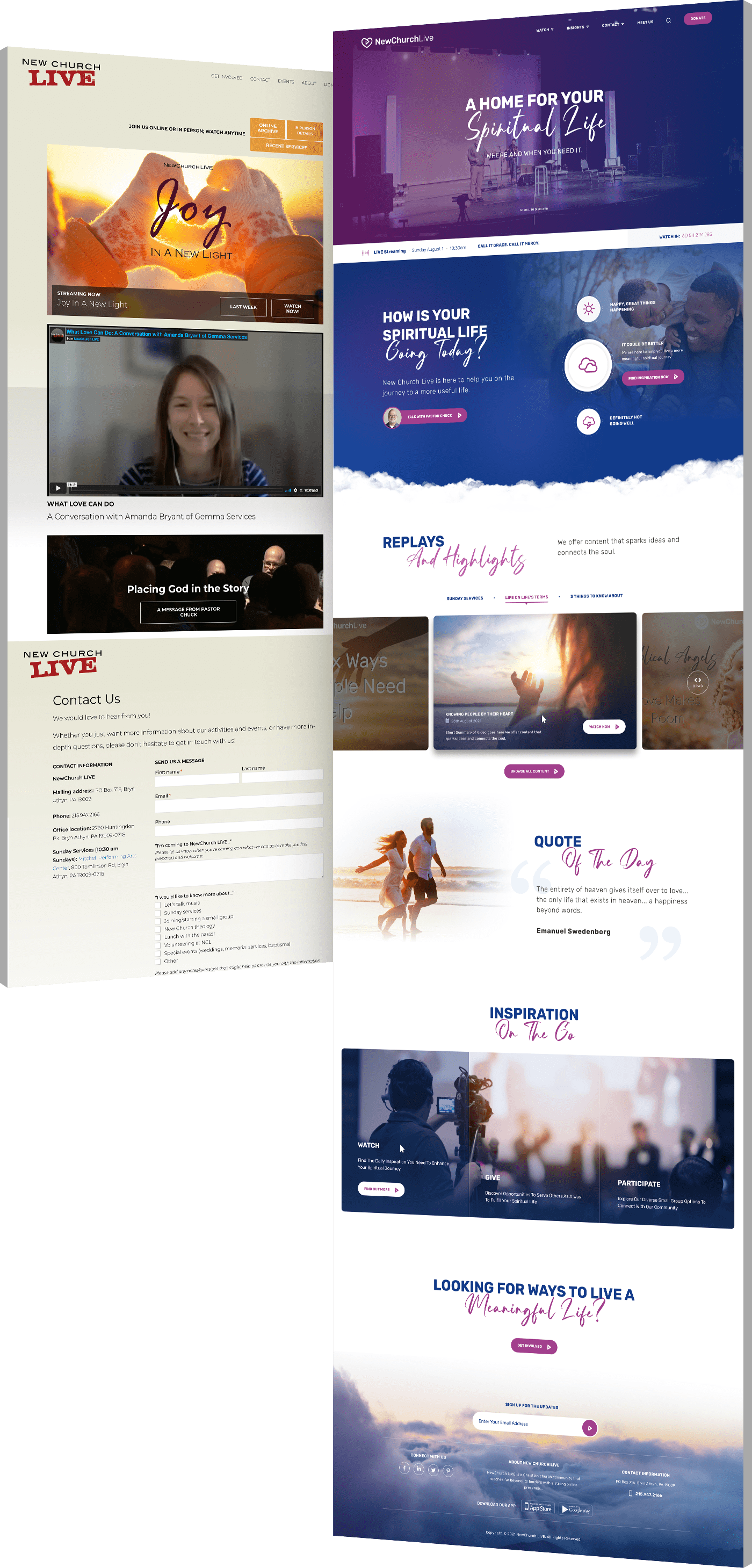 Screenshots showing NewChurch LIVE's website before and after our redesign