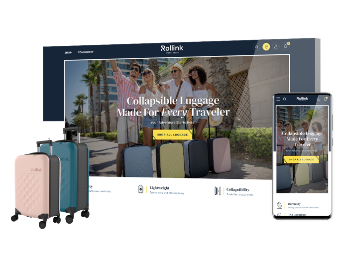A collage of eCommerce web design and product images for Rollink